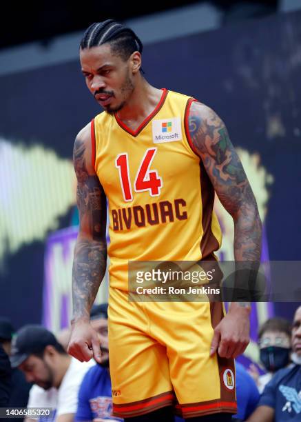 Gerald Green of Bivouac reacts after a three-point basket during the game against the Aliens in BIG3 Week Three at Comerica Center on July 03, 2022...