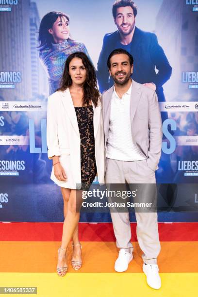 Lucie Heinze and Elyas M'Barek attend the premiere of the new Constantin Film movie "Liebesdings" at Cinedom on July 03, 2022 in Cologne, Germany.