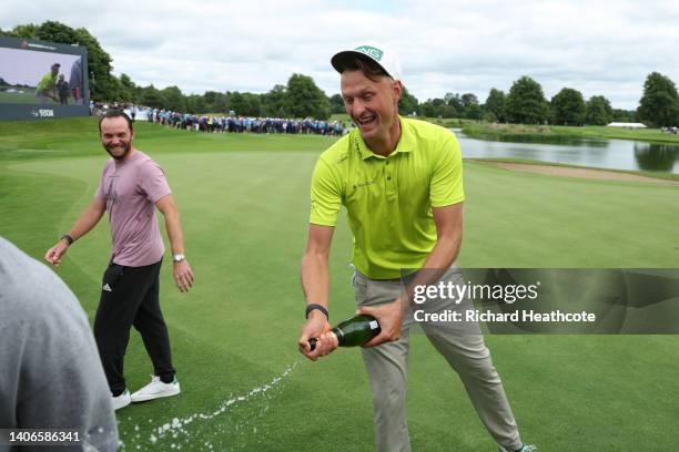 Adrian Meronk of Poland celebrates after securing victory during Day Four of the Horizon Irish Open at Mount Juliet Estate on July 03, 2022 in...