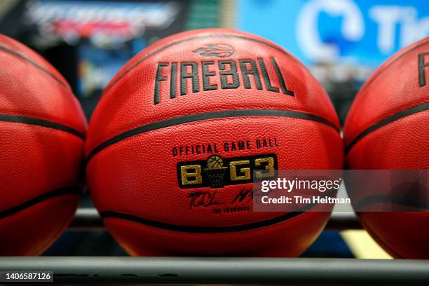 Detailed view of the Fireball basketball on the court prior to the game between the 3 Headed Monsters and 3's Company during BIG3 Week Three at...