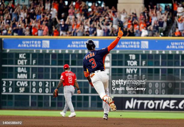 Jeremy Pena of the Houston Astros hits a walk-off two run home run in the ninth inning against the Los Angeles Angels at Minute Maid Park on July 03,...