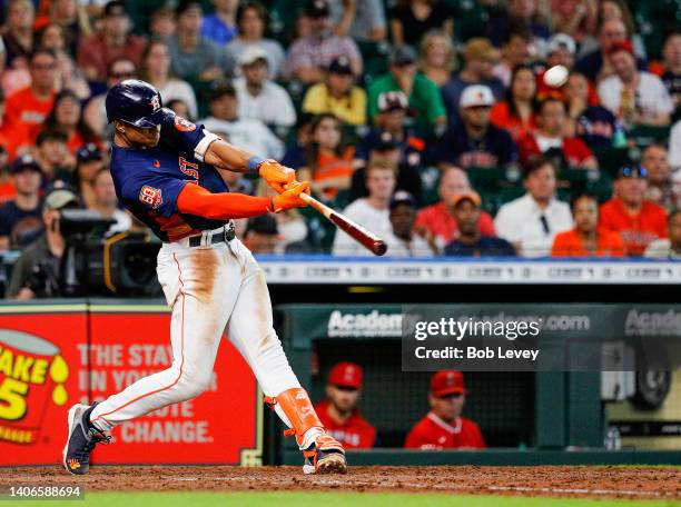 Jeremy Pena of the Houston Astros hits a walk-off two run home run in the ninth inning against the Los Angeles Angels at Minute Maid Park on July 03,...