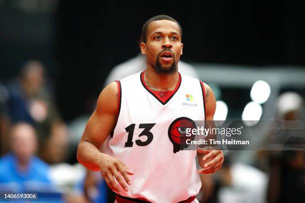 Isaiah Briscoe of the Trilogy looks on against the Ghost Ballers during the game in BIG3 Week Three at Comerica Center on July 03, 2022 in Frisco,...