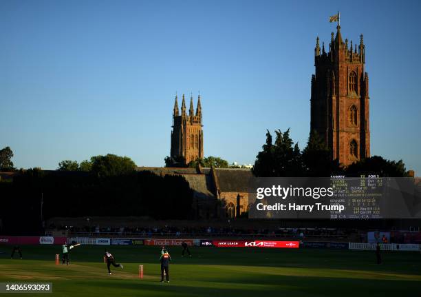 General view of play during the Vitality T20 Blast match between Somerset and Surrey at The Cooper Associates County Ground on July 03, 2022 in...