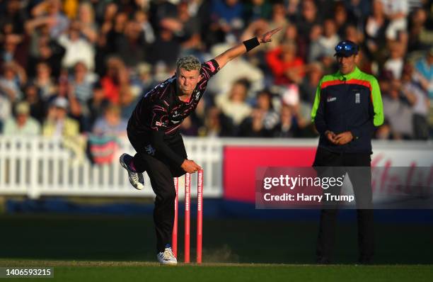 Peter Siddle of Somerset in bowling action during the Vitality T20 Blast match between Somerset and Surrey at The Cooper Associates County Ground on...