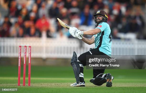 Cameron Steel of Surrey plays a shot during the Vitality T20 Blast match between Somerset and Surrey at The Cooper Associates County Ground on July...