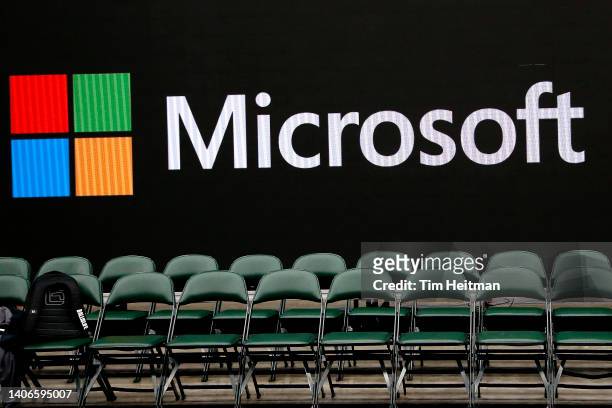 The Microsoft logo on the screen prior to games in BIG3 Week Three at Comerica Center on July 03, 2022 in Frisco, Texas.