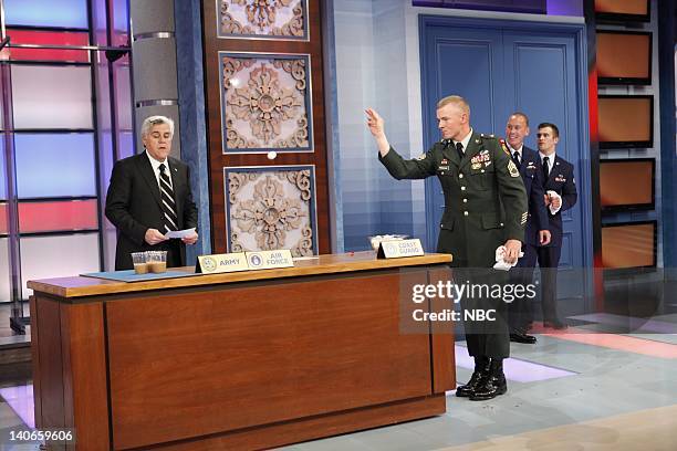 Air Date -- Episode 54 -- Pictured: Host Jay Leno with members of the U.S. Armed services compete for a new car on November 26, 2009 -- Photo by:...