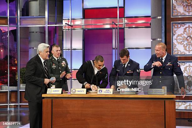 Air Date -- Episode 54 -- Pictured: Host Jay Leno with members of the U.S. Armed services compete for a new car on November 26, 2009 -- Photo by:...