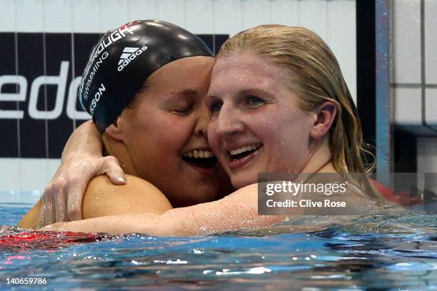 Rebecca Adlington of Nova Centurion celebrates winning the gold medal with Joanne Jackson of Loughborough University in the Womens Open 400m...