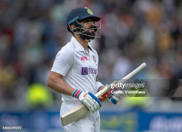 Virat Kohli of India walks back to the pavilion after being dismissed during day three of the Fifth LV= Insurance Test Match between England and...