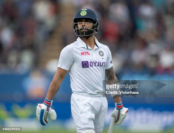 Virat Kohli of India walks back to the pavilion after being dismissed during day three of the Fifth LV= Insurance Test Match between England and...
