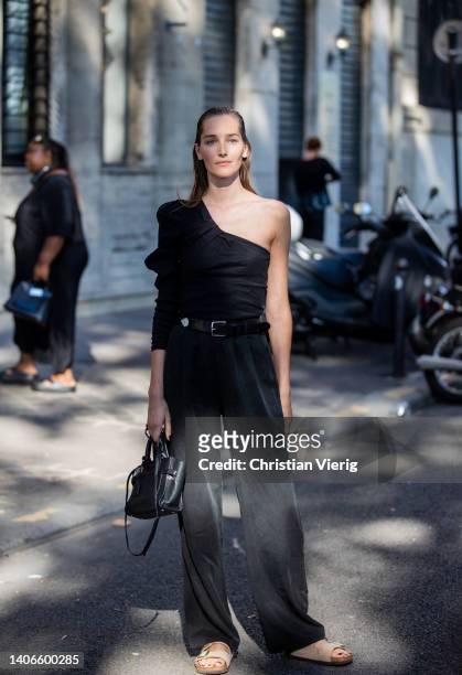Model Joséphine Le Tutour seen outside Patou during Paris Fashion Week on July 03, 2022 in Paris, France.