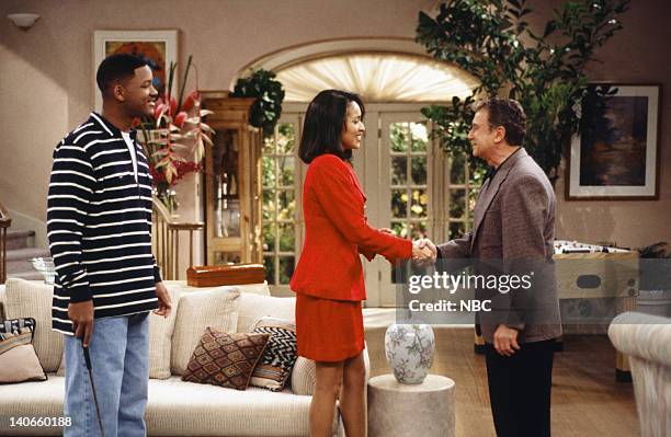 Stank Hole in One" Episode 21 -- Pictured: Will Smith as William 'Will' Smith, Karyn Parsons as Hilary Banks, Regis Philbin -- Photo by: Joseph Del...