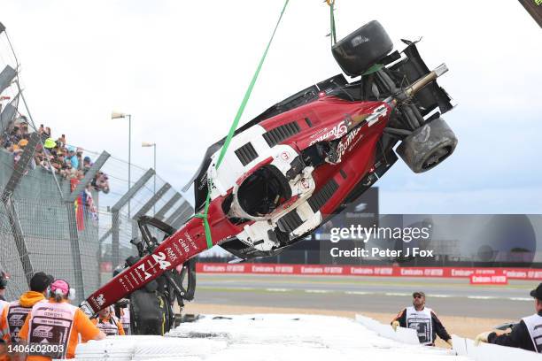 The wreckage of the car of Guanyu Zhou of Alfa Romeo and China during the F1 Grand Prix of Great Britain at Silverstone on July 03, 2022 in...