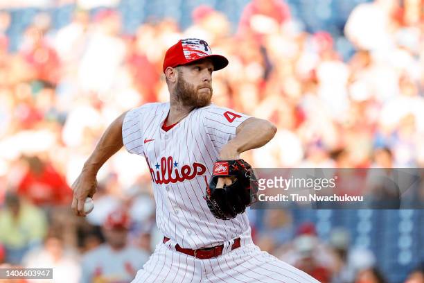 Zack Wheeler of the Philadelphia Phillies pitches during the first inning against the St. Louis Cardinals at Citizens Bank Park on July 03, 2022 in...