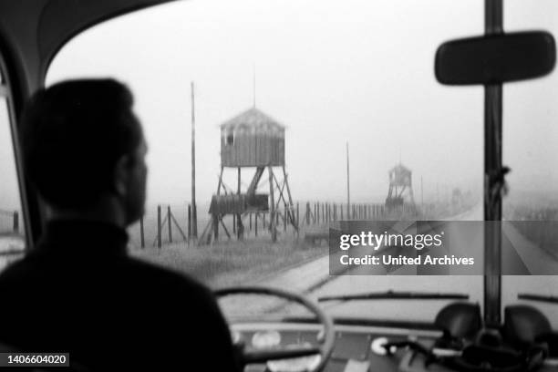 Fences and surveillance towers at Majdanek aka Lublin Concentration Camp, Lublin Vovoideship, 1967.