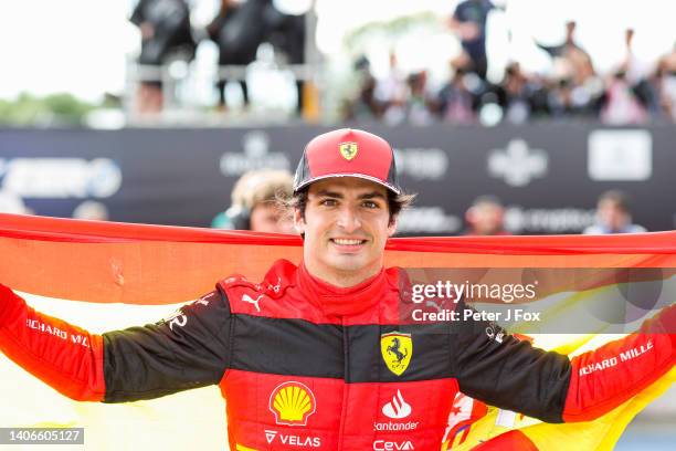 Carlos Sainz of Ferrari and Spain after winning during the F1 Grand Prix of Great Britain at Silverstone on July 03, 2022 in Northampton, England.