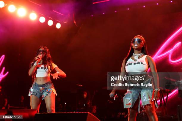 Yung Miami and JT of the City Girls perform onstage during the 2022 Essence Festival of Culture at the Louisiana Superdome on July 03, 2022 in New...