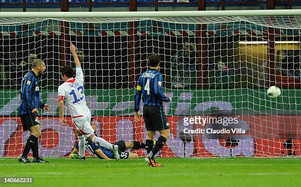 Mariano Izco of Catania Calcio scores the second goal during the Serie A match between FC Internazionale Milano and Catania Calcio at Stadio Giuseppe...