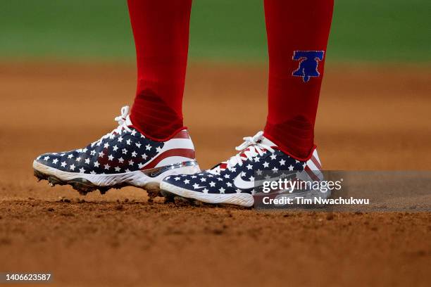 The cleats of Rhys Hoskins of the Philadelphia Phillies are seen during the fifth inning against the St. Louis Cardinals at Citizens Bank Park on...