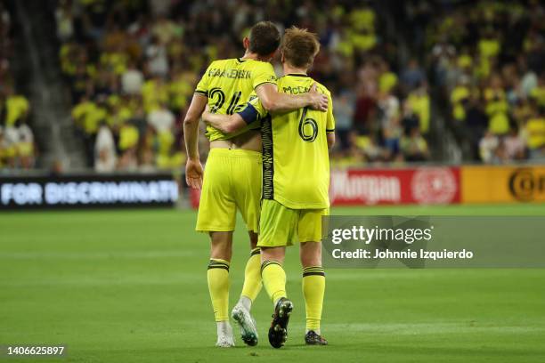 Luke Haakenson and Dax McCarty of Nashville SC celebrate after a goal against the Portland Timbers at GEODIS Park on July 03, 2022 in Nashville,...