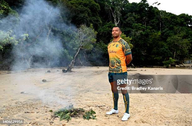 Kurtley Beale poses for a photo during the Wallabies Indigenous Jersey Launch at the Jellurgal Aboriginal Cultural Centre on July 04, 2022 in Gold...