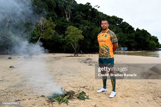 Kurtley Beale poses for a photo during the Wallabies Indigenous Jersey Launch at the Jellurgal Aboriginal Cultural Centre on July 04, 2022 in Gold...