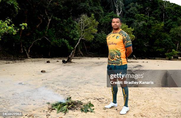 Kurtley Beale poses for a photo during the Wallabies Indigenous Jersey Launch at the Jellurgal Aboriginal Cultural Centre on July 04, 2022 in Gold...