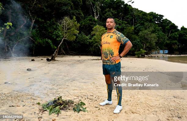 Kurtley Beale poses for a photo during the Wallabies Indigenous Jersey Launch at the Jellurgal Aboriginal Cultural Centre on July 04, 2022 in Gold...