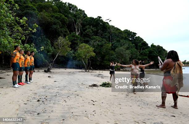 Pete Samu, Izaia Perese, Kurtley Beale and Tom Wright are welcomed with an Indigenous smoking ceremony during the Wallabies Indigenous Jersey Launch...