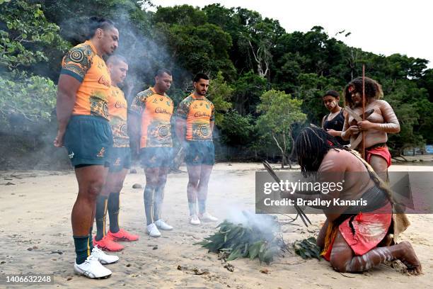 Pete Samu, Izaia Perese, Kurtley Beale and Tom Wright are welcomed with an Indigenous smoking ceremony during the Wallabies Indigenous Jersey Launch...