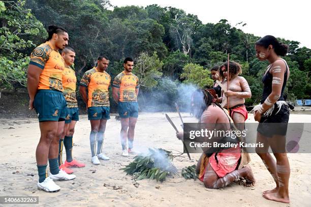 Pete Samu, Izaia Perese, Kurtley Beale and Tom Wright are welcomed with an Indigenous smoking ceremony during the Wallabies Indigenous Jersey Launch...