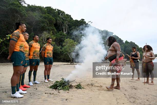 Pete Samu, Izaia Perese, Kurtley Beale and Tom Wright are welcomed with an Indigenous smoking ceremony during the Wallabies Indigenous Jersey Launch...