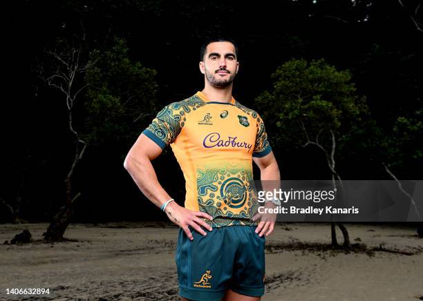 Tom Wright poses for a photo during the Wallabies Indigenous Jersey Launch at the Jellurgal Aboriginal Cultural Centre on July 04, 2022 in Gold...