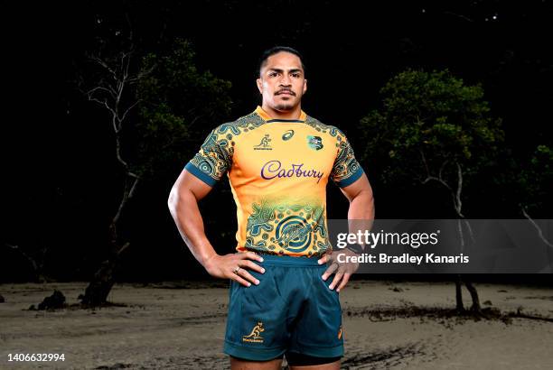 Pete Samu poses for a photo during the Wallabies Indigenous Jersey Launch at the Jellurgal Aboriginal Cultural Centre on July 04, 2022 in Gold Coast,...