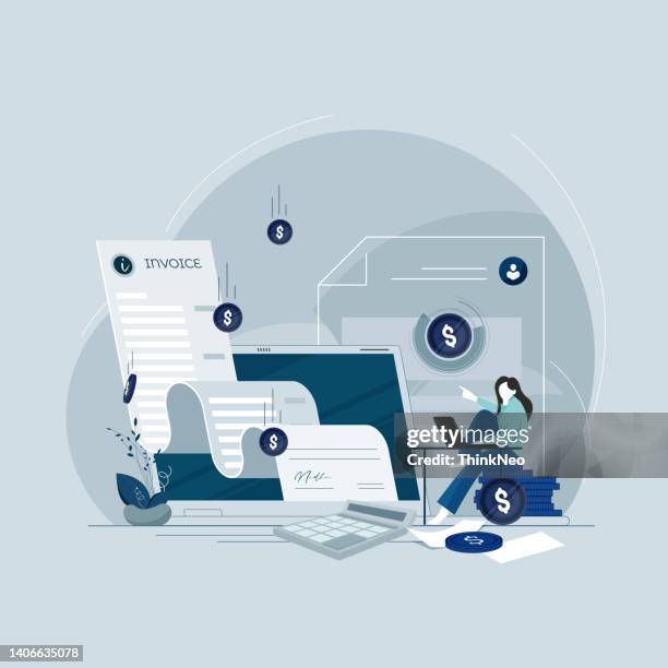 stockillustraties, clipart, cartoons en iconen met financial accounting report. sanding and receiving payment online - paycheck