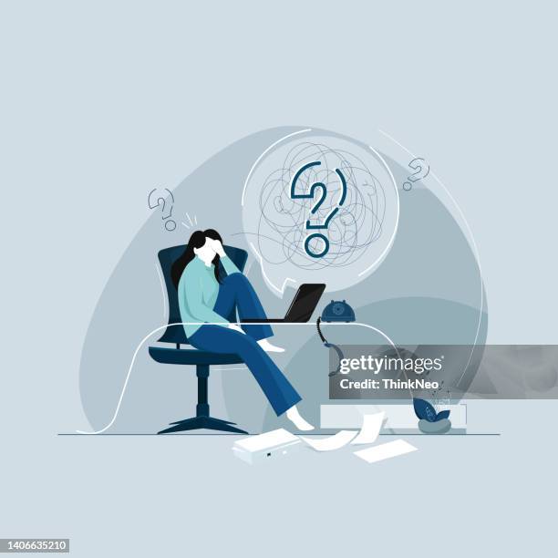 stressed and exhausted businesswoman with work overload. - mental toughness stock illustrations