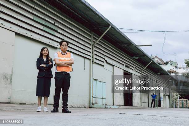 portrait of warehouse owner and manager outdoor. - fleet manager stock pictures, royalty-free photos & images