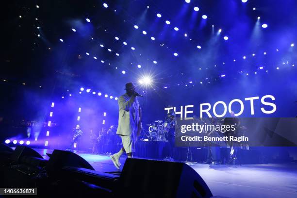 The Roots and DJ Aktive perform onstage during the 2022 Essence Festival of Culture at the Louisiana Superdome on July 3, 2022 in New Orleans,...