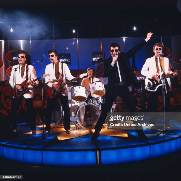 Matchbox, britische Rockabilly, Rock 'n' Roll Band, Steve Bloomfield, Steve Poke, Jimmy Redhead, Sänger Graham Fenton, Ian Terry, 1980.