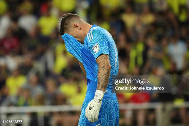 David Bingham of Portland Timbers wipes away sweat during the game against Nashville SC at GEODIS Park on July 03, 2022 in Nashville, Tennessee.