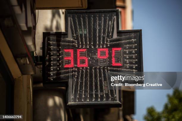 a sign displaying a 36 degree temperature - hittegolf stockfoto's en -beelden