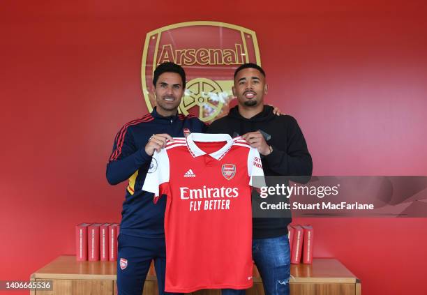 Arsenal manager Mikel Arteta with new signing Gabriel Jesus at London Colney on July 04, 2022 in St Albans, England.