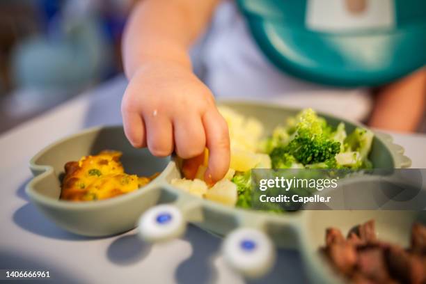 petite enfance - bébé mange avec les mains - petite enfance stockfoto's en -beelden