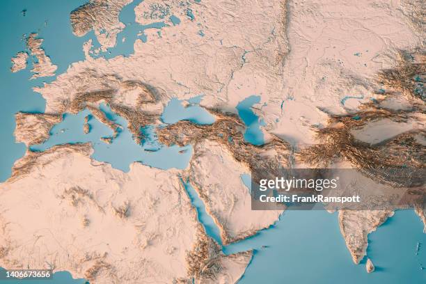 europe india middle east 3d render topographic map neutral - middle east map stock pictures, royalty-free photos & images