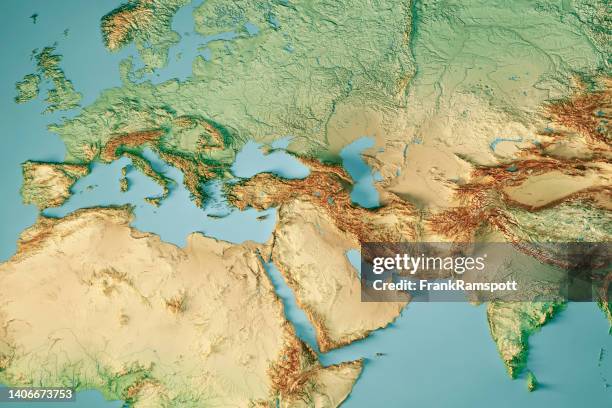 europe inde moyen-orient rendu 3d carte topographique couleur - carte en relief photos et images de collection