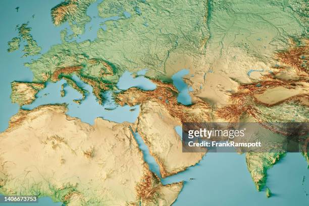 europe india middle east 3d render topographic map color - western europe stock pictures, royalty-free photos & images