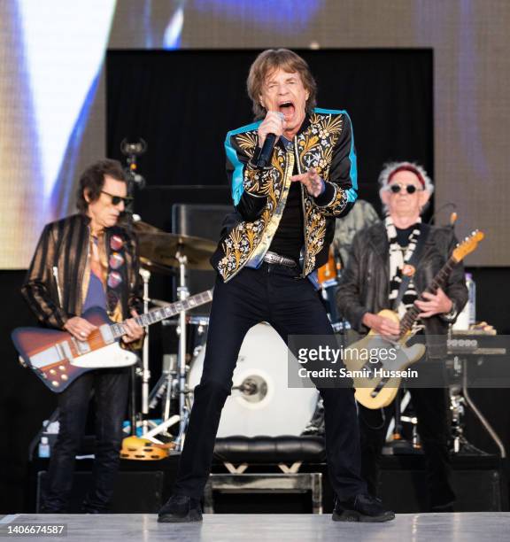 Ronnie Wood, Mick Jagger and Keith Richards of The Rolling Stones perform at American Express present BST Hyde Park at Hyde Park on July 03, 2022 in...