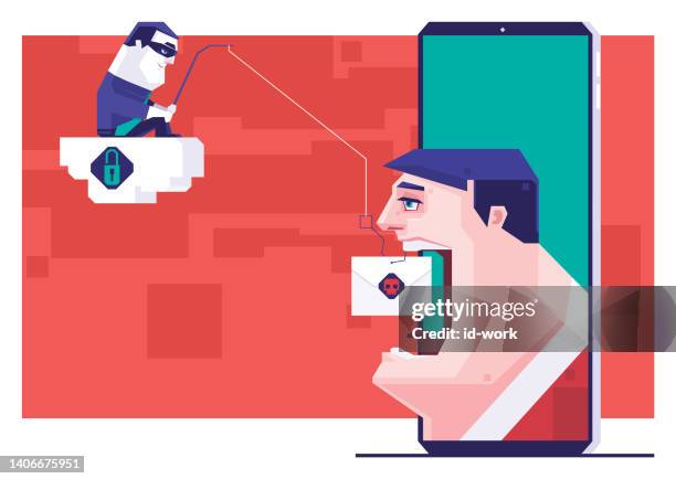 man being hooked on smartphone with hacker phishing - scam call stock illustrations
